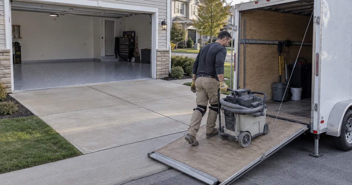 The installer wheeling the dust extractor up a ramp into an enclosed trailer at the end of a Bolingbrook garage job.