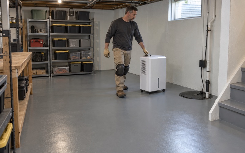 A dehumidifier rolled into place on a new solid gray epoxy basement floor in a Bolingbrook house.