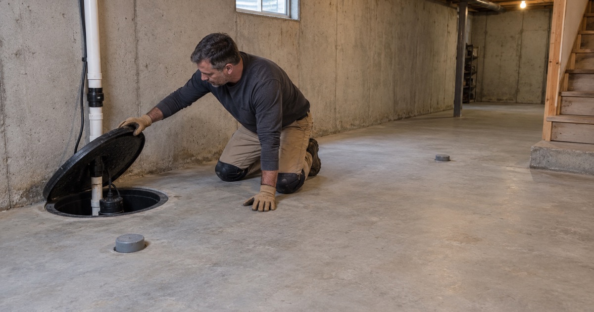 A capped moisture test sleeve drilled into a bare basement slab beside the sump basin in a Bolingbrook house.