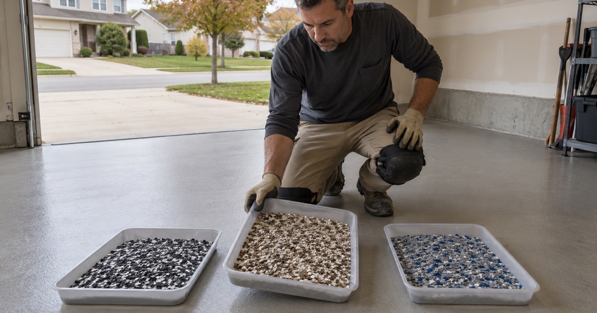 Three flake blends set out in shallow trays on a cured base coat in a Bolingbrook garage, one tilted to the daylight.
