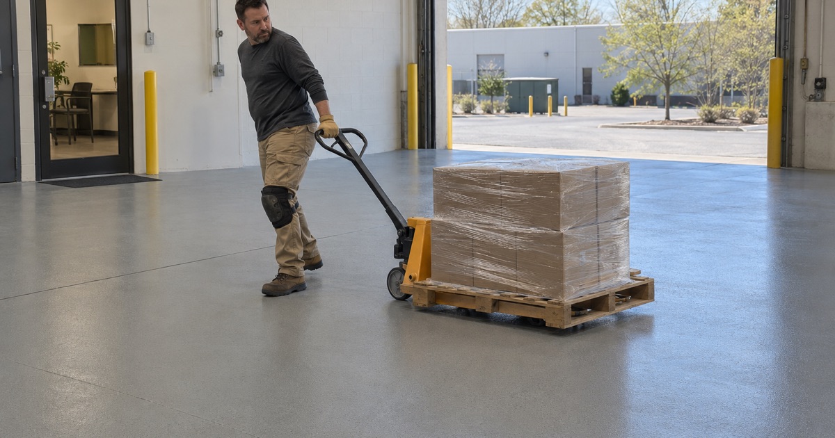 A pallet jack rolled across the new coated floor of a Bolingbrook flex industrial bay.