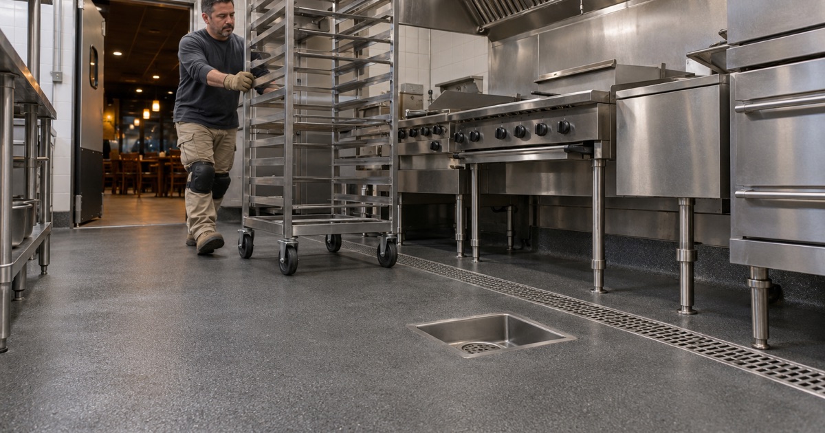 A speed rack rolled over a new textured urethane cement floor and coved base in a Bolingbrook restaurant kitchen.