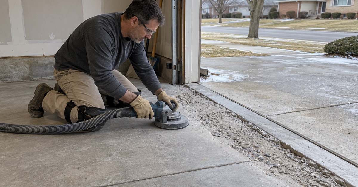 Salt-spalled concrete at a Bolingbrook garage door threshold being cut back to sound concrete before repair.