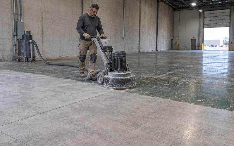 A planetary grinder opening up the slab of an empty warehouse tenant space in Bolingbrook, half the floor ground.