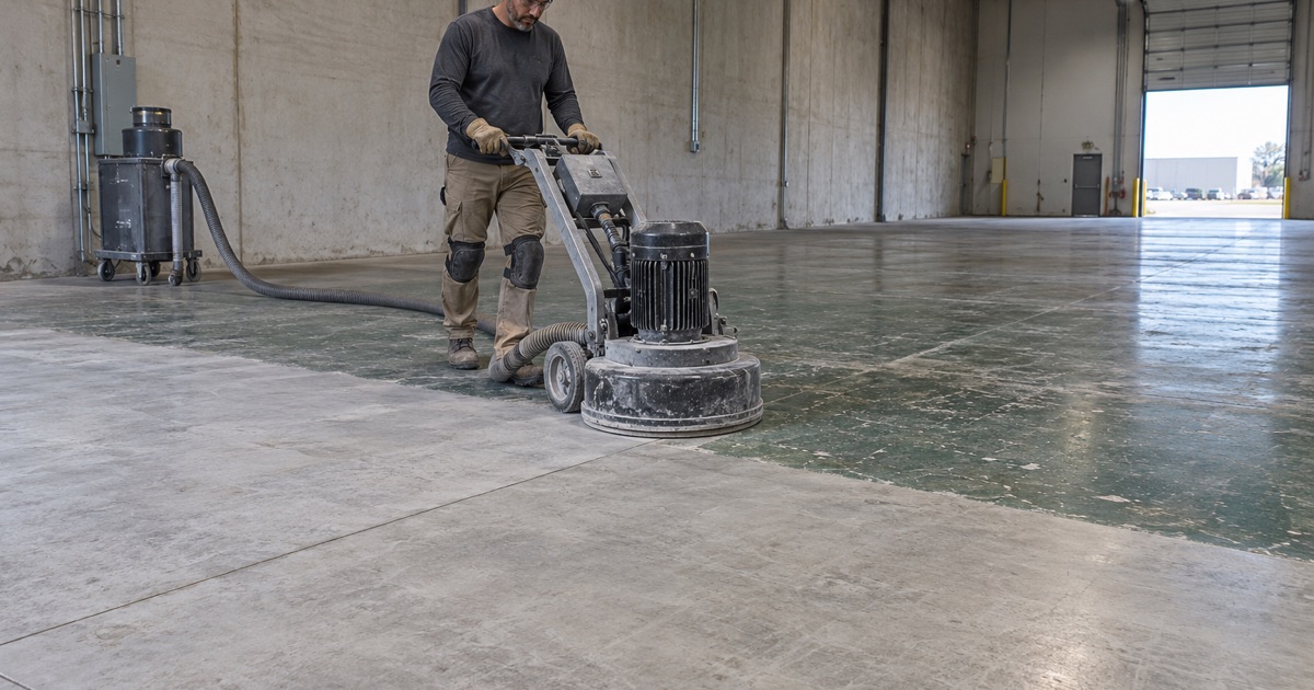 A planetary grinder opening up the slab of an empty warehouse tenant space in Bolingbrook, half the floor ground.