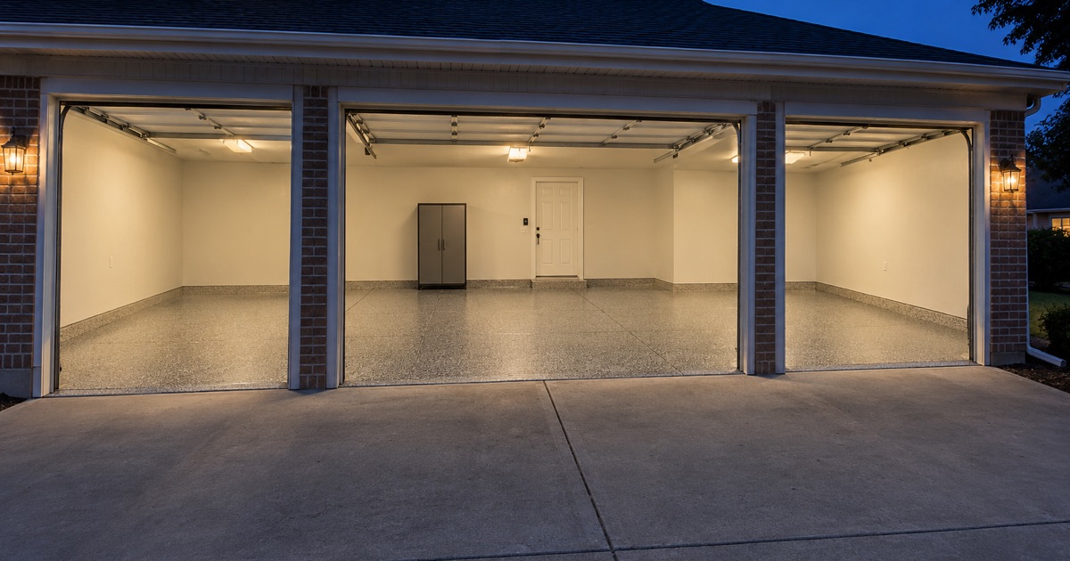 An empty finished flake floor in a Bolingbrook three-car garage at dusk, the doors raised and the lights on.