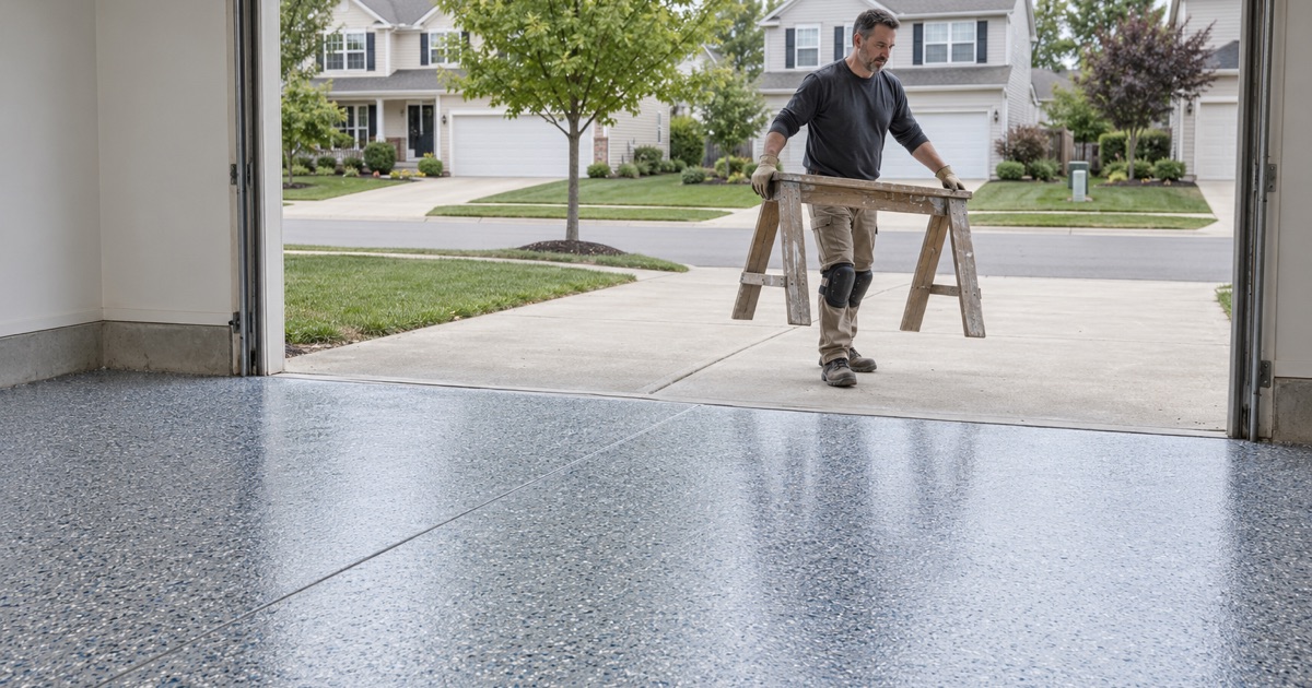 A finished gray and blue flake floor in the attached garage of a two-story Bolingbrook house, the barrier being carried off the driveway.