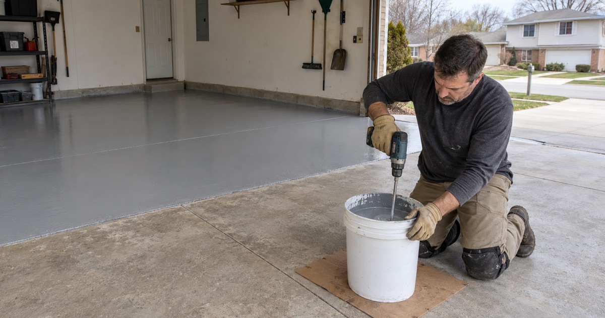 Two-part epoxy being mixed at the threshold of a Bolingbrook split-level garage, the ground slab behind already half coated.
