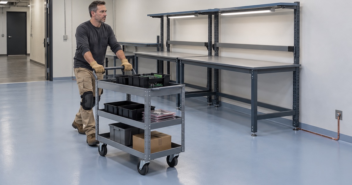 A parts cart wheeled across a new static-dissipative floor in an electronics repair room in Bolingbrook.