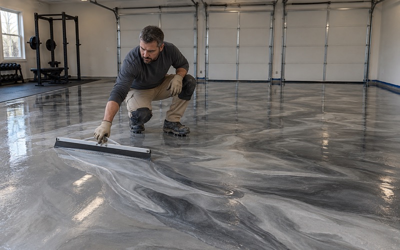 Silver and charcoal metallic epoxy being worked across a three-car garage turned home gym in Bolingbrook.