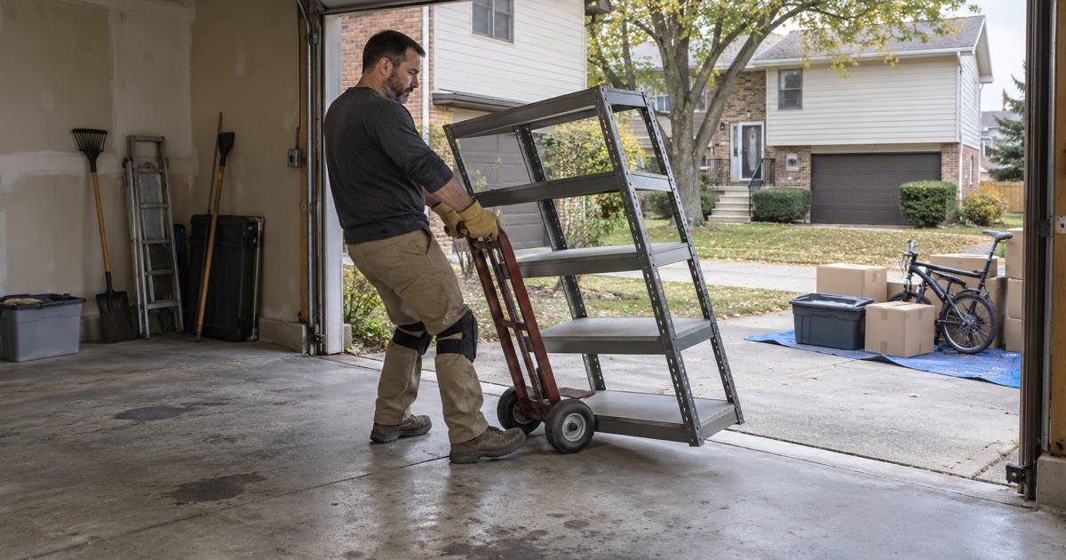 Shelving wheeled out of a Bolingbrook split-level’s garage on a hand truck before the slab is ground and coated.