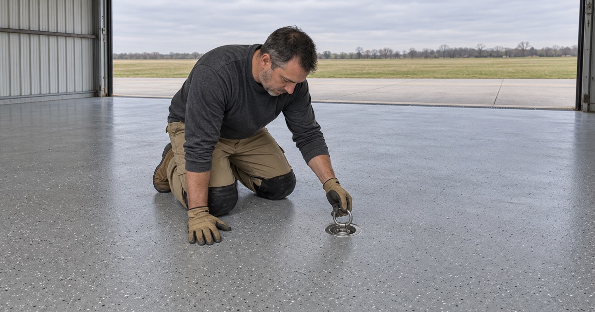 A new coating sealed around a flush tie-down anchor in a small-aircraft hangar at the Bolingbrook airport.